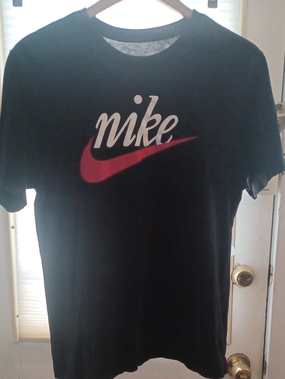 Nike Mens Black Medium Short Sleeve Tee with White Script and Red Swoosh Shirt